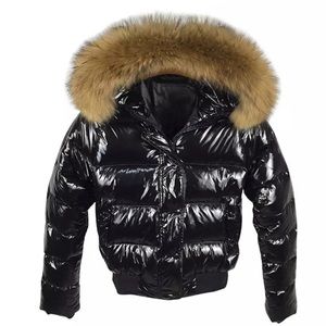 Glossy Black Puffer Jacket with faux Fur Hood